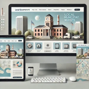 A modern municipal website displayed on a desktop, tablet, and smartphone, featuring a clean, user-friendly design with interactive elements like maps and forms.