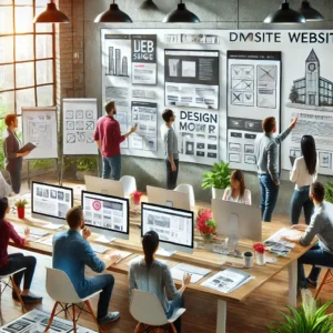A team of web designers collaborating in an office setting, working on a modern municipal website with multiple monitors showing wireframes, design mockups, and a live site.